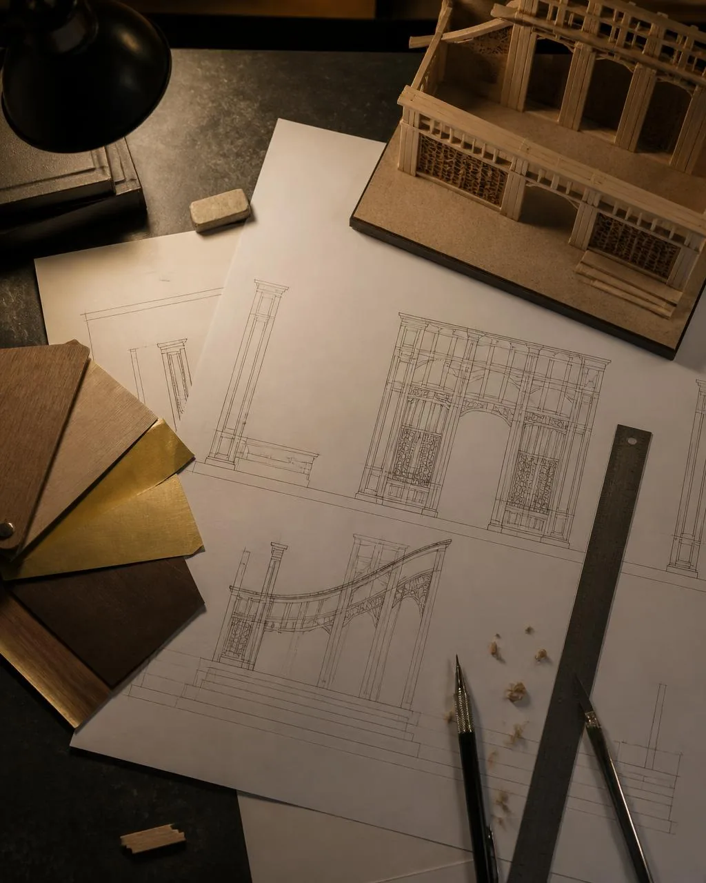 Visualisasi 3D dan gambar kerja tahap desain proyek dekorasi